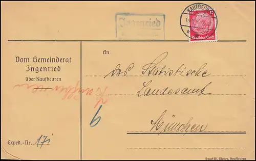 Landpost Ingenried über Kaufbeuren Land 16.4.1936 auf Brief