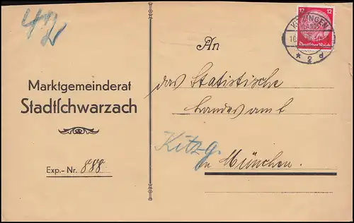 Landpost Stadtschwarzach über Kitzingen Land 11.10.1936  auf Brief nach München