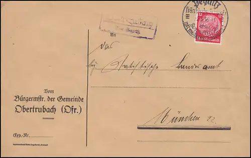 Landpost Obertrubach über Pegnitz SSt Fränkische Schweiz 1936 auf Brief