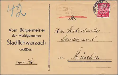 Landpost Stadtschwarzach über Kitzingen Land 11.1.37 auf Brief