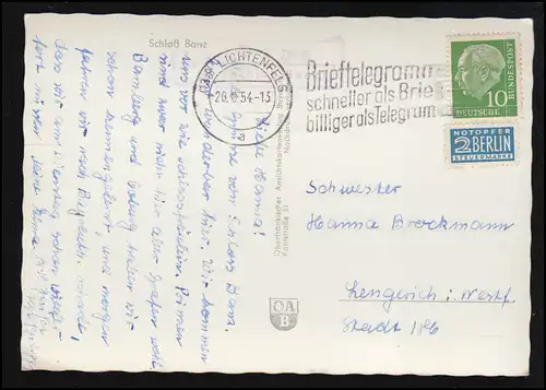 Landpost 13a Banz / Schloß Banz LICHTENFELS 20.8.54 auf passender AK