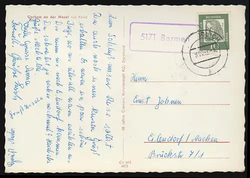 Landpost 5171 Barmen JÜLICH 1962 auf AK Cochem / Mosel mit Kand