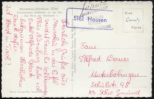 Landpost 5161 Hausen auf AK Monschau-Montjole (Eisel), Frankatur entfernt
