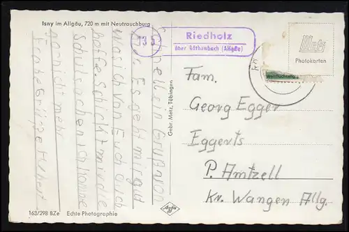 Landpost 13b Riedholz über Röthenbach (Algäu) auf AK Isny, Frankatur fehlend