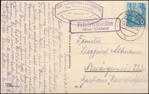 Landpost Friedrichshöhe über Eisfeld 13.7.54 auf AK Werragrund bei Sophienau