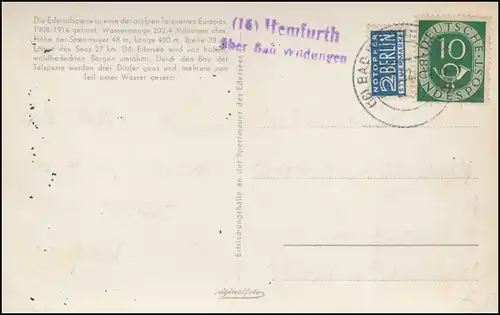 Landpost Hemfurth über Bad Wildungen 1952 auf passender AK Edersee Staumauer