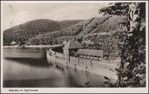 Landpost Hemfurth über Bad Wildungen 1952 auf passender AK Edersee Staumauer