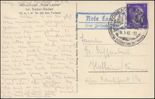 Landpost Rote Lache über Forbach SSt 18.5.42 Schwarzwald auf AK Höhenhotel