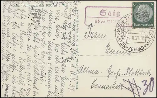 Landpost Saig über Titisee 12.8.37 SSt Seebad auf passender AK Panorama Saig