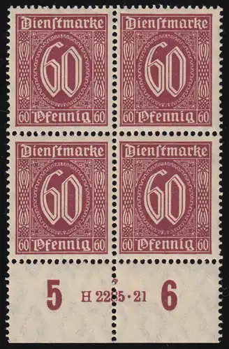 66 Dienstmarke Ziffer 60 Pf. als UR-Viererblock mit HAN 2285.21, ungefaltet, **