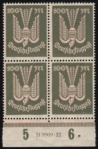 237 Holztaube 100 Mark als UR-Viererblock mit HAN 9969.22, ungefaltet, **