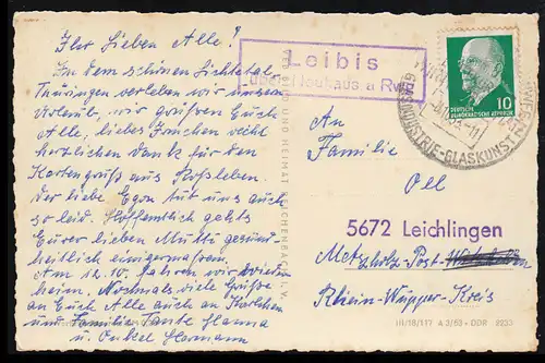Landpost Leibis über Neuhaus am Rennweg 1963 SSt Glaskunst auf AK Unterweißbach