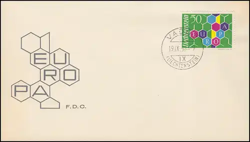 Liechtenstein 398 EUROPA / CEPT 1960 auf Schmuck-Blanko-FDC VADUZ 19.9.1960
