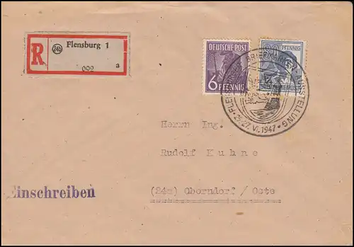 944+947 Kontrollrat II auf R-Brief Flensburg 1 SSt Briefmarken-Ausstellung 1947