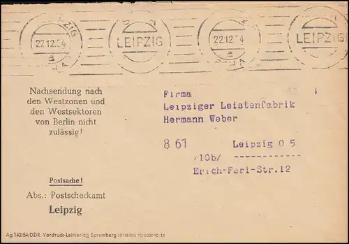 DDR-Postsache 22.12.54 Leipzig: Nachsendung Westzonen Westberlin nich zulässig!