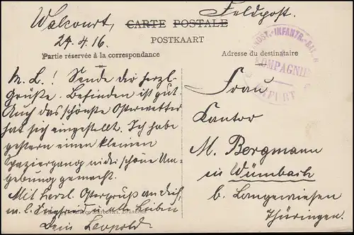 Feldpost BS Landsturm-Infanterie-Battl. ERFURT AK Walcourt geschrieben 24.4.1916