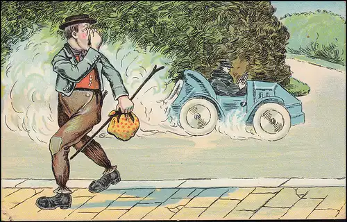 Karikatur-AK Auspuffgase - stinkendes Auto LEOPOLDSHÖHE (BADEN) 15.8.1908 