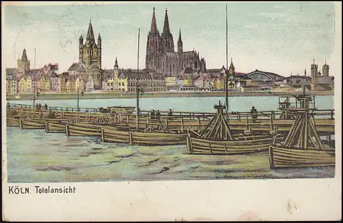 AK Köln Totalansicht per Bahnpost CÖLN (RHEIN) - KLEVE nach Pankow/Berlin