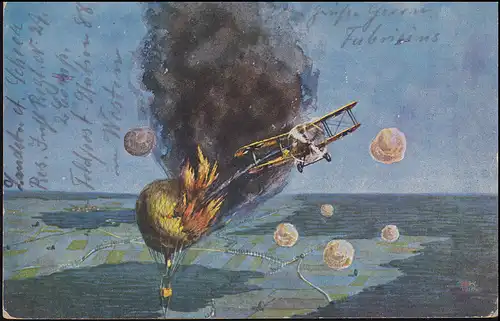AK Deutsche Fliegerkarten - Explosion franz. Fessel-Ballon, Feldpost 27.8.16
