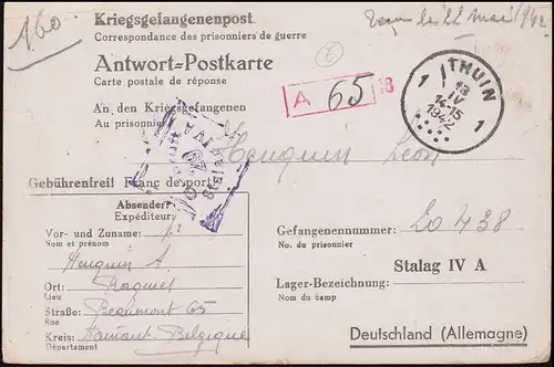 Kriegsgefangenenpost Stalag IV A 29 Antwort-Postkarte THUIN 13.4.42