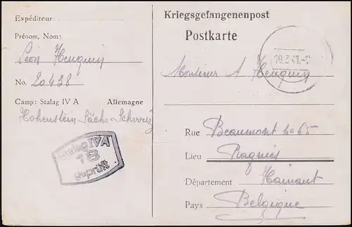Kriegsgefangenenpost Stalag IV A 18 Postkarte Tarnstempel 19.3.41 nach Belgien
