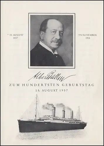 266 Reeder Albert Ballin auf HAPAG-Schmuck-FDC ESSt HAMBURG 15.8.1957
