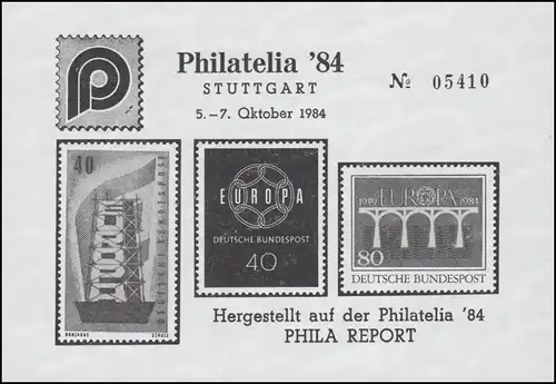 Schwarzdruck zur PHILATELIA Stuttgart 1984 mit 3 Europa-Marken Phila Report