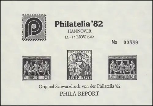 Schwarzdruck zur Philatelia Hannover 1982 mit Hannover Messe Marken