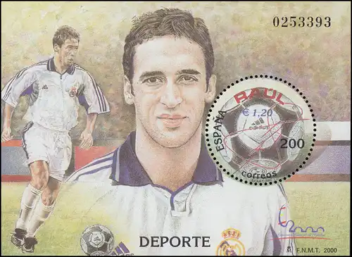 Spanien Block 91 Sport: Fußballspieler Raul Gonzales Blanco, **/MNH