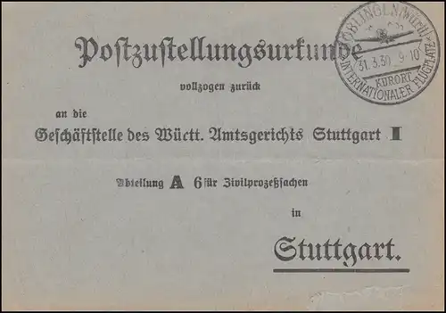 Postzustellungsurkunde nach Stuttgart SSt BÖBLINGEN Intern. Flugplatz 31.3.1930