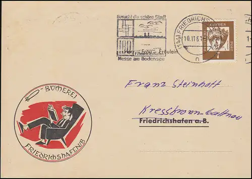 Mahn-Postkarte der Zeppelin-Wohlfahrt Bücherei, Friedrichshafen 10.11.61