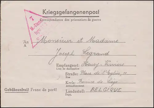 Kriegsgefangenenpost 7 M.-Stammlager II nach Belgien, geschrieben 14.2.43