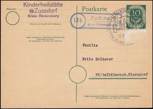 Landpost 14b Zußdorf über Ravensburg SSt 12.6.53 auf Posthorn-Ganzsache