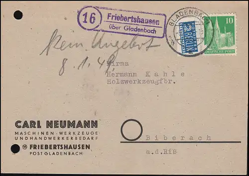 Landpost 16 Friebertshausen über Gladenbach 6.1.49 auf Geschäfts-Postkarte