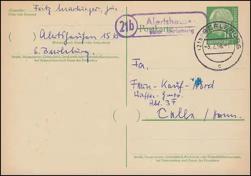 Landpost 21b Alertshausen über Berleburg 3.2.58 auf Ganzsache