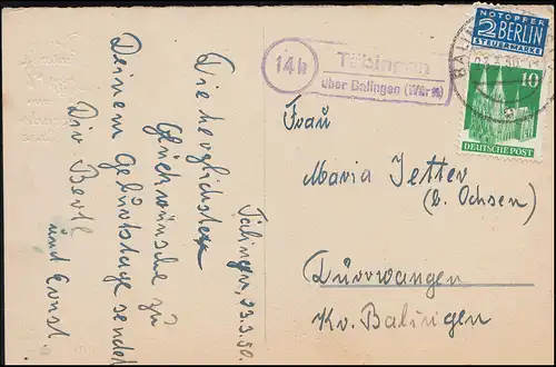 Landpost 14b Täbingen über Balingen (Württ.) 23.3.50 Geburtstags-AK Maiglöckchen