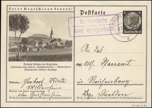 Landpost Wildenhain über Großenhain 3.1.38 auf Bildpostkarte Sehma / Erzgebirge