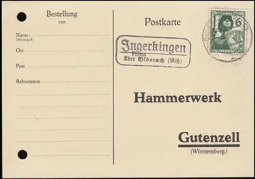 Landpost Ingerkingen über Biberach Riss 22.3.37 Antwort-Postkarte nach Gutenzell