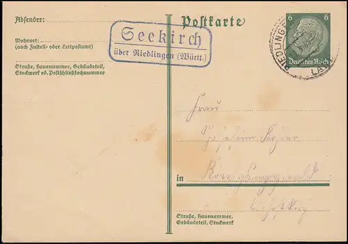 Landpost Seekirch über Riedlingen (Württ.) Land 17.2.34 auf Postkarte