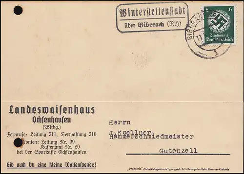 Landpost Winterstettenstadt über Biberach (Riß) 11.5.37 auf Dienst-Postkarte