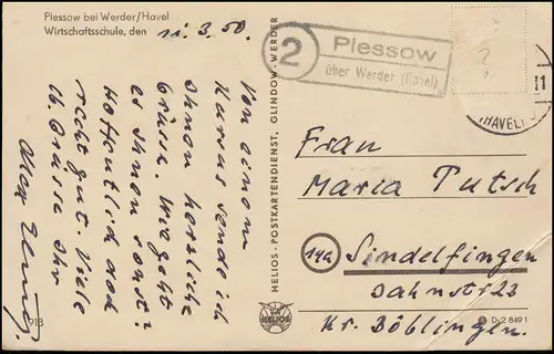 Landpost Plessow über Werder (Havel) 1950 auf passender AK, Frankatur fehlt