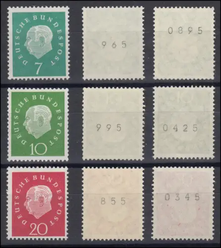 302-304 Heuss III Nummernvarianten aus 1000er-Rolle komplett, postfrisch **
