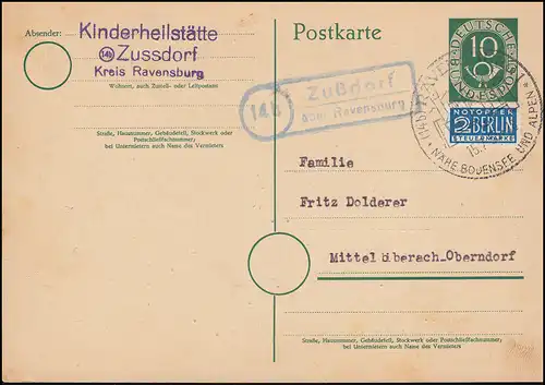 Landpost 14b Zußdorf über Ravensburg SSt 15.7.53 auf Posthorn-Ganzsache