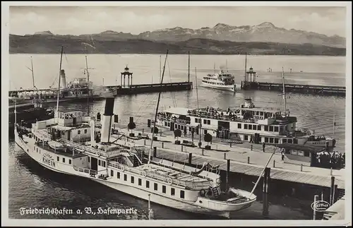 Landpost Bunkhofen über Friedrichshafen 19.9.38 auf passender AK Hafenpartie