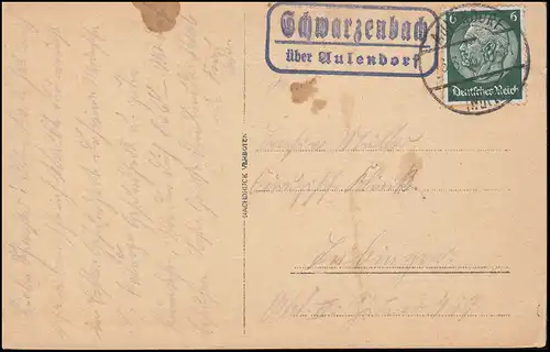 Landpost Schwarzenbach über Aulenweiler (Württ.) 3.3.36 auf AK Hochgebirge
