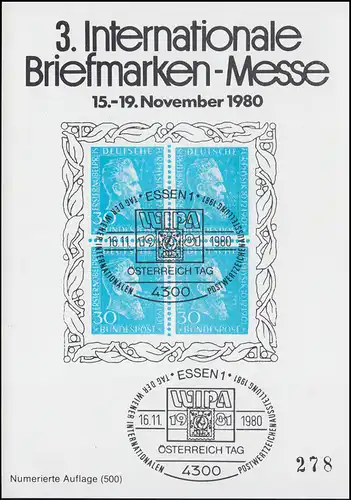 Sonderdruck 3. Briefmarkenmesse Essen 1980 mit WIPA-Stempel 16.11.80