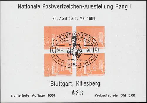 Sonderdruck Nationale Postwertzeichen-Ausstellung Stuttgart Killesberg 1981