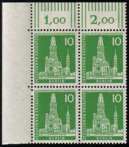 144 w Stadtbilder 10 Pf Eckrand-Viererblock oben links, postfrisch **