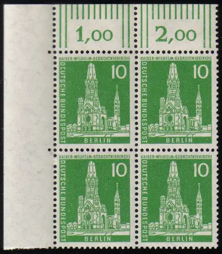 144 w Stadtbilder 10 Pf Eckrand-Viererblock oben links, postfrisch **