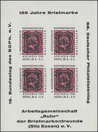 Sonderdruck ARGE Ruhr Essen: Bundestag und Philatelistentag zur ASSINDIA 1965 